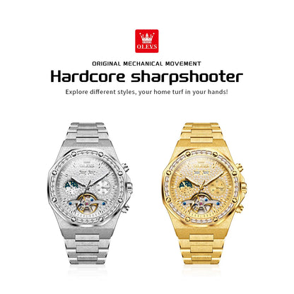 OLEVS 9805 Mens Watch Original Brand Tourbillon Automatic Mechanical Watch Diamond Dial Waterproof Moon Phase Watches For Men