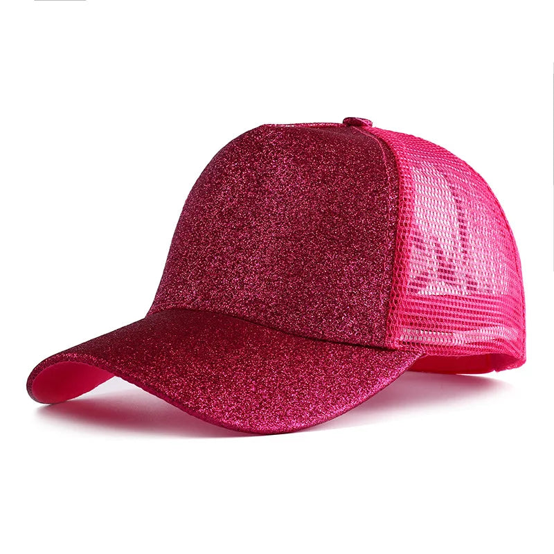 Letnia czapka z daszkiem z brokatem, z wysokim karkiem, damska czapka typu snapback, czapki typu trucker z siateczką w kolorach czarnym, białym i różowym dla kobiet Gorra