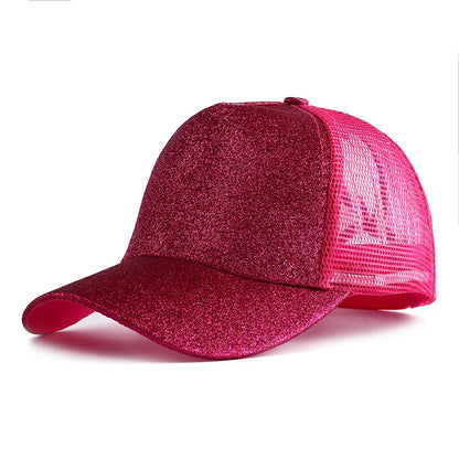 Letnia czapka z daszkiem z brokatem, z wysokim karkiem, damska czapka typu snapback, czapki typu trucker z siateczką w kolorach czarnym, białym i różowym dla kobiet Gorra