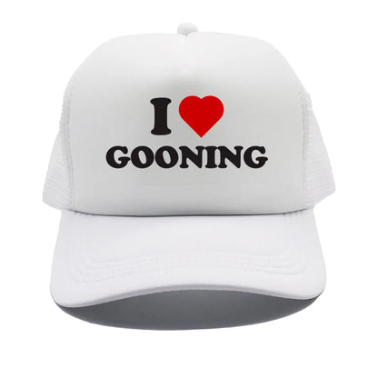 Juokingos „I Love Gooning“ beisbolo kepurės. Šaunios vasarinės vyriškos tinklinės kepurės. Humoro kupinos „Trucker“ stiliaus kepurės. Unisex lauko tinklinės kepurės MZ-080