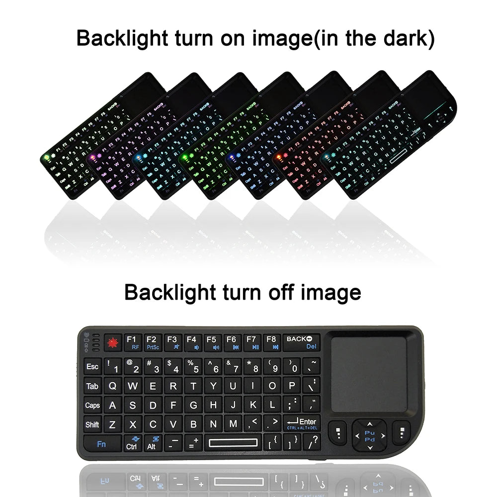 Teclado sem Fios A8 Mini 2.4G com Retroiluminação em 7 Cores, 3 em 1, Teclado Portátil com Touchpad e Air Mouse para Android TV Box, PC e Tablet