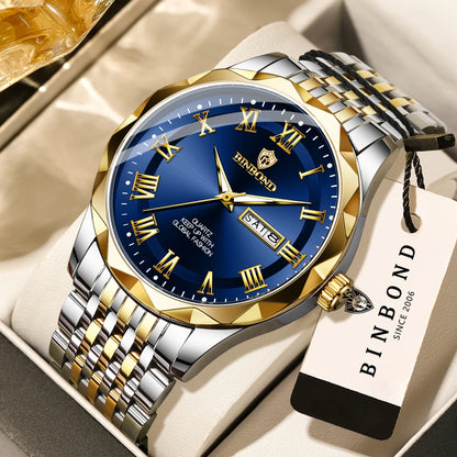 Orologio da polso di lusso al quarzo BINBOND Original Brand da uomo, luminescente, impermeabile, data automatica, indicazione del giorno della settimana, stile casual.