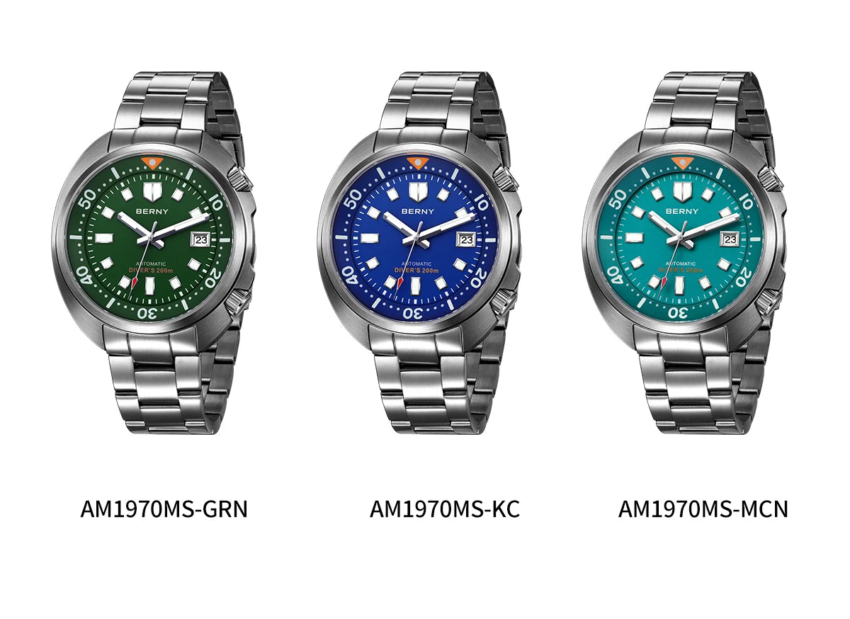 BERNY 20ATM Diver Watch For Men Mechanical Miyota 8215 Sapphire Sports Diving Luminous Anti-collision Crown Dual Crown Men Watch