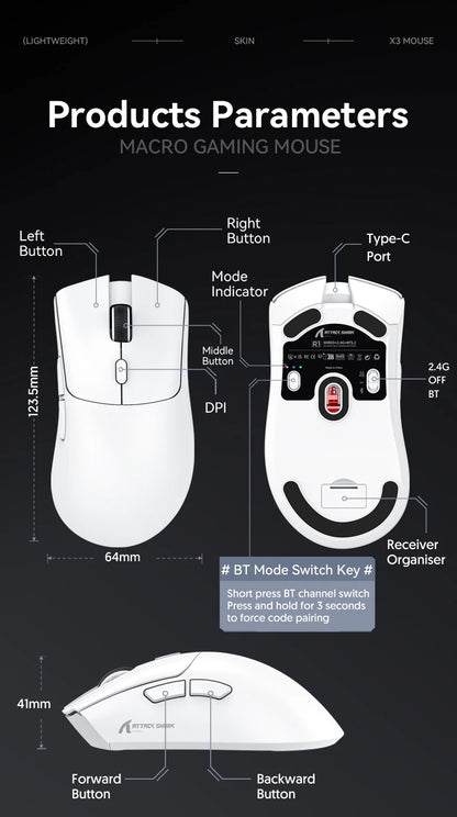 Attack Shark R1 Wireless Mouse Bluetooth Gaming Mouse,Viral Mouse Reviewed by Influencers PAW3311 Sensor,1000Hz Return-rate