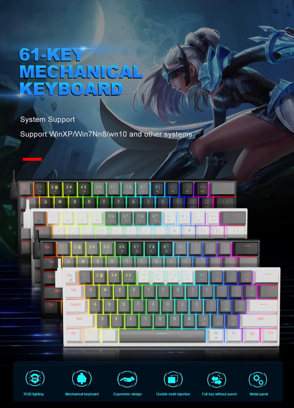 E-YOOSO Z11 RGB USB 60% Mini Mechanical Gaming Keyboard Blue Red Switch 61 Keys Wired Detachable Cable, Portable for Travel PC