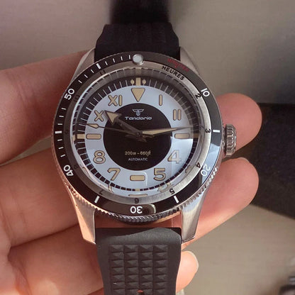 Tandorio Waterproof Watch Men Dome Sapphire Crystal Roman Numbers 120 Clicks Bezel NH35A/Miyota 8215 Movt Silicone Grey Dial