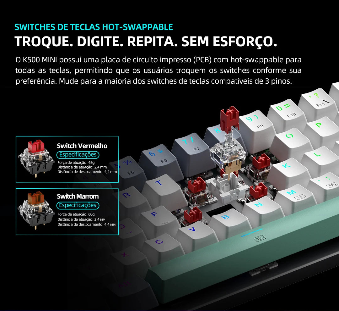 Tastiera meccanica mini Machenike K500-B61 60% layout ABNT2, retroilluminazione RGB, hot-swappable, NKRO, tastiera gaming cablata per PC Gamer