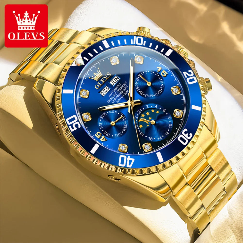 OLEVS 6729 Original Men's Watches Stainless Steel Waterproof Luminous Date Week Moon Phase Automatic Mechanical Watches for Man
