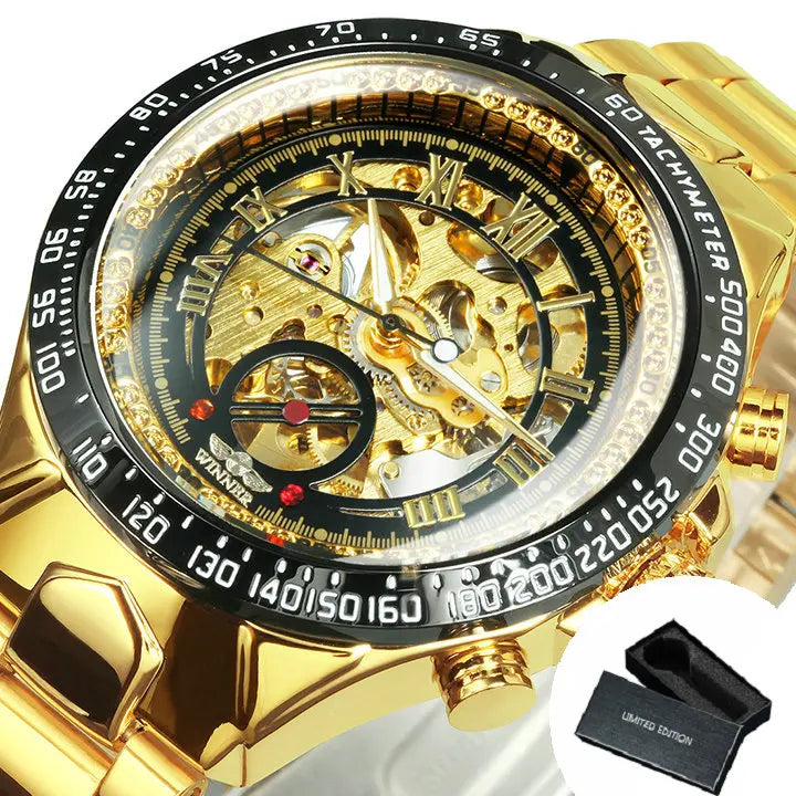 Relógio automático para homem WINNER – Modelo esqueleto transparente, ponteiros luminescentes, bracelete em aço inoxidável, relógio mecânico de marca de luxo