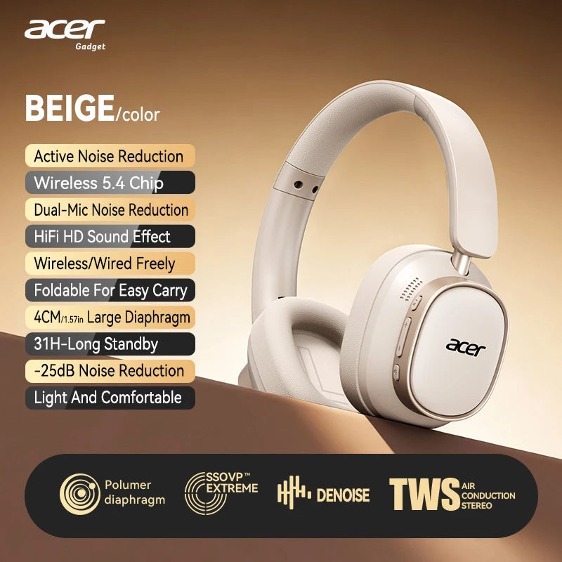 Acer Ohr633 2026 Nouveau modèle de casque Bluetooth sans fil, qualité sonore stéréo Hifi, réduction du bruit des appels, conception pliable et réglable, microphone haute définition intégré, casque de jeu