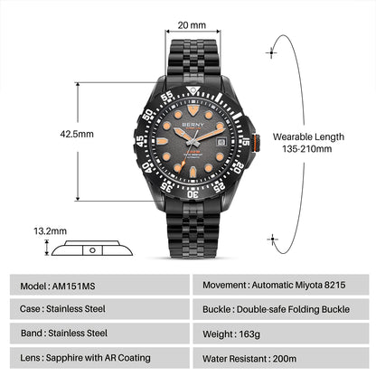 BERNY Automatic Diver Watch for Men Frosted Dial MIYOTA 8215 316L Supper Luminous Sapphire AR Fluororubber Men's Diving Watches
