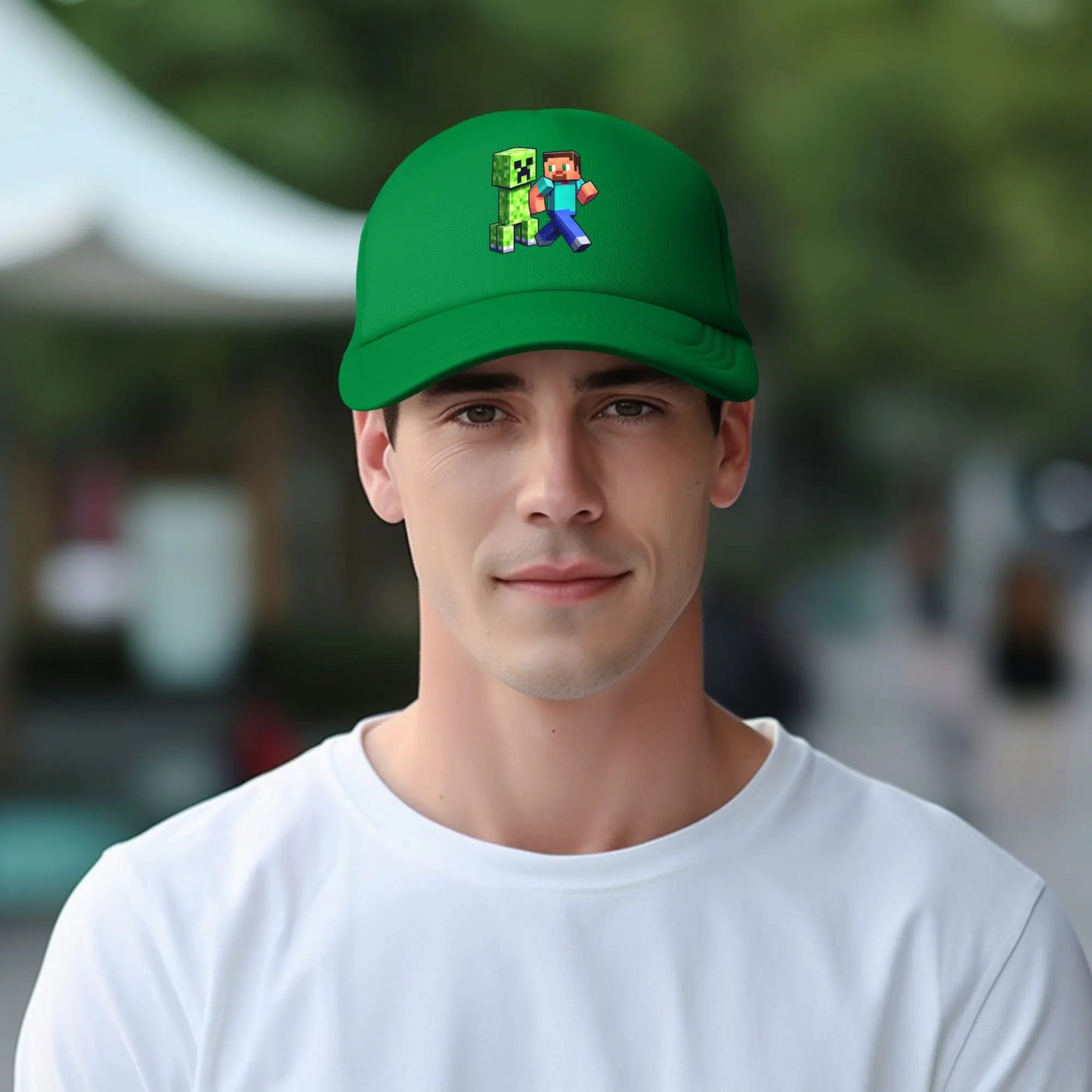 blocky adventurer discover a Creepers monster behind him Trucker Cap Sun Hats Cap Adjustable Snapback Caps Mesh Baseball Cap