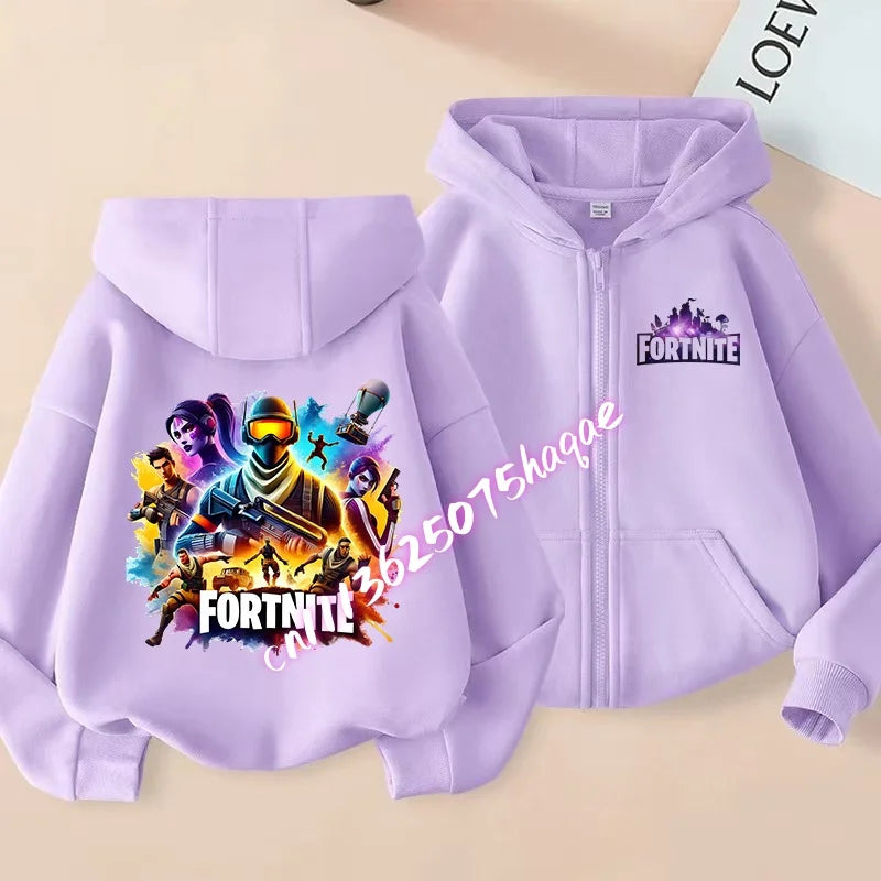 Casacos com capuz e fecho para criança Fortnites, sweatshirts Anime Fortress Night, sweatshirts gaming de primavera/outono, roupa desportiva infantil, presente