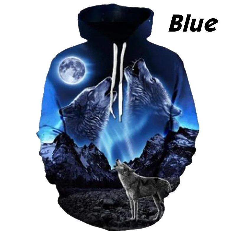 Sweatshirt com Capuz Lobo 3D Estampado, Estilo Europeu e Americano, Pullover Casual de Manga Comprida com Personalidade Animal, Modelo Popular