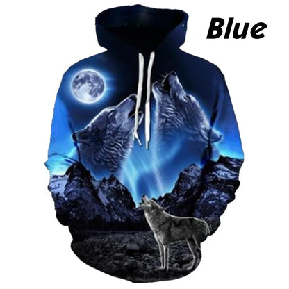 Sweatshirt com Capuz Lobo 3D Estampado, Estilo Europeu e Americano, Pullover Casual de Manga Comprida com Personalidade Animal, Modelo Popular