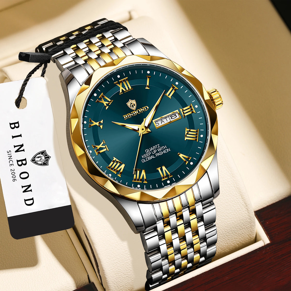Orologio da polso di lusso al quarzo BINBOND Original Brand da uomo, luminescente, impermeabile, data automatica, indicazione del giorno della settimana, stile casual.