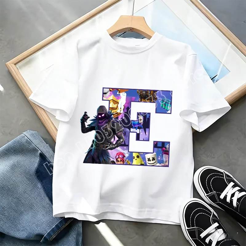 T-shirt Infantil Branco Fortnite com Estampado Alfabeto A-Z — Roupa de Verão, Jogo de Desenhos Animados Popular, Manga Curta Casual, Presente de Moda