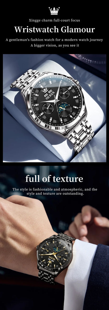 OELVS 7070 New Mens Watch Luxury Automatic Mechanical Watches For Man Moon Phase Waterproof Luminous Steel Watch Gift Box Reloj