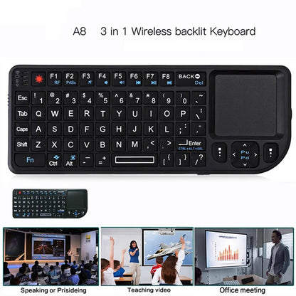 Teclado sem Fios A8 Mini 2.4G com Retroiluminação em 7 Cores, 3 em 1, Teclado Portátil com Touchpad e Air Mouse para Android TV Box, PC e Tablet