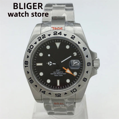 BLIGER 40mm/43mm Japan NH34 GMT Men's mechanical watch green luminous white dial sapphire glass stainless steel strap