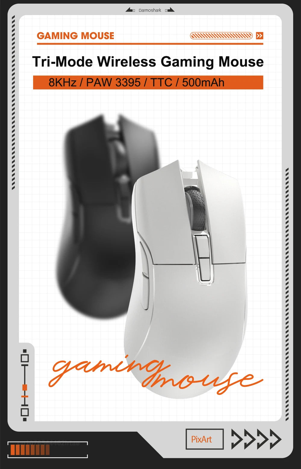 Motospeed Darmoshark N3 Pro Bluetooth vezeték nélküli gamer egér, dupla 8K, hárommódú, újratölthető, PAW3395, 64g, ergonomikus gamer egér