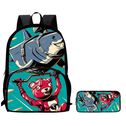 2Pcs Kids School Bag Set FORTNITE Cartoon, Lightweight & Durable Backpack and Pencil Bag with Front Pocket, Boys & Girls 5-10