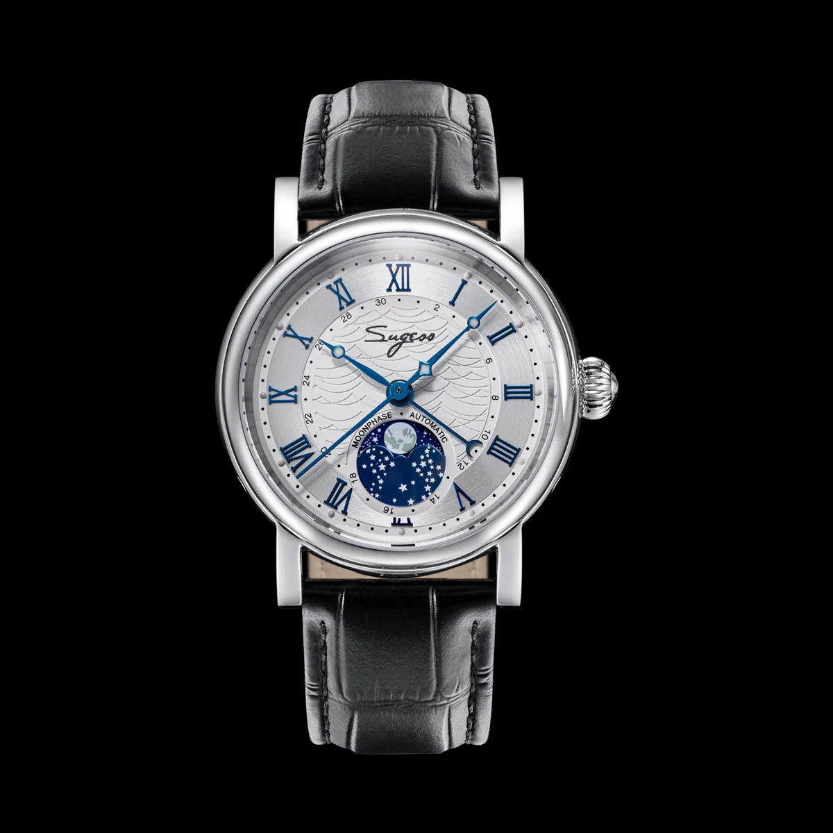 Sugess Watches for Men Automatic Mechanical Watch Moonphase Tianjin ST2108 Waterproof Date Hands Sapphire Crystal Rome Wave Dial