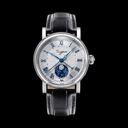 Sugess Watches for Men Automatic Mechanical Watch Moonphase Tianjin ST2108 Waterproof Date Hands Sapphire Crystal Rome Wave Dial