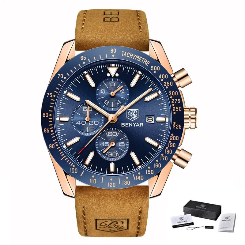 Relógios de luxo para homem BENYAR – Relógios de pulso de quartzo com bracelete em pele, resistentes à água até 30 m, estilo desportivo.