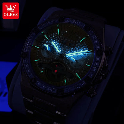 OLEVS 9805 Mens Watch Original Brand Tourbillon Automatic Mechanical Watch Diamond Dial Waterproof Moon Phase Watches For Men