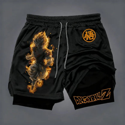 „Dragon Ball Z“ Super Saiyan Goku anime motyvas, vasariniai, unisex, laisvi, sportiniai, kvėpuojantys, greitai džiūstantys, dvigubo sluoksnio šortai