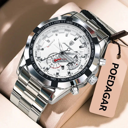 Relógio de luxo para homem POEDAGAR, estanque, luminoso, com data, desportivo, bracelete em aço inoxidável, movimento de quartzo.
