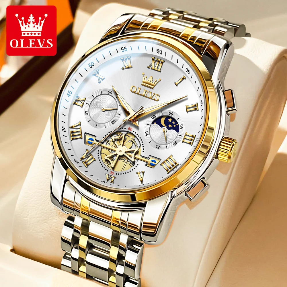 Relógio de homem OLEVS 2859 – Modelo clássico e luxuoso com algarismos romanos, multifunções, resistente à água, mostrador luminescente, movimento de quartzo de alta qualidade.
