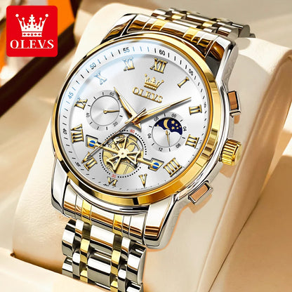Relógio de homem OLEVS 2859 – Modelo clássico e luxuoso com algarismos romanos, multifunções, resistente à água, mostrador luminescente, movimento de quartzo de alta qualidade.