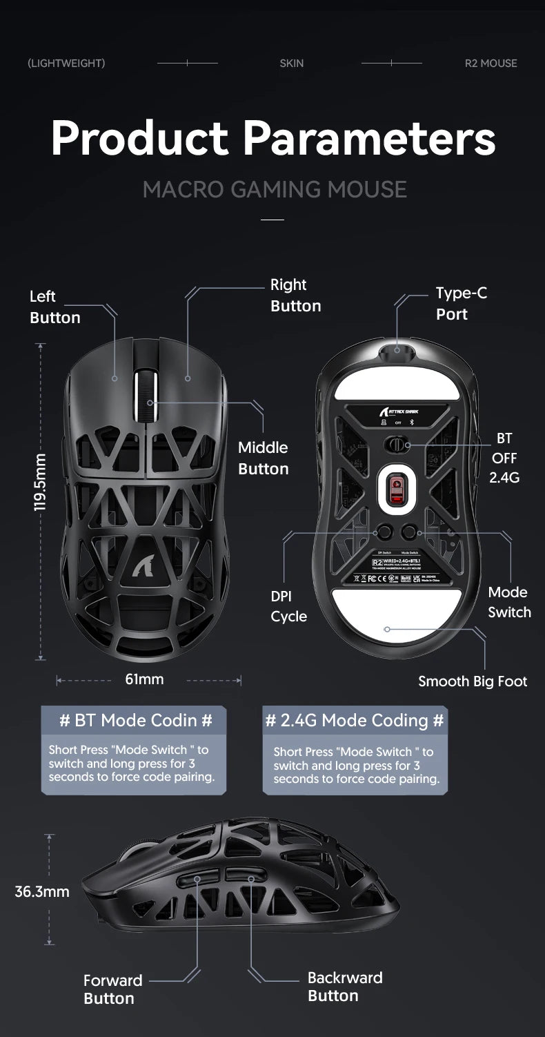 Bezprzewodowa mysz gamingowa Attack Shark R2 PAW3950 8K ze stopu magnezu, lekka mysz gamingowa Bluetooth Tri-Mode do gier/biura