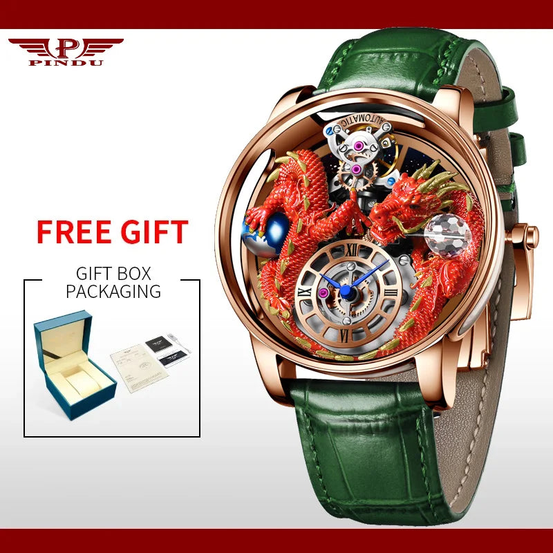 PINDU Design Celestial Body Series Traditionnelle Artisanat Three Dimensional Dragon Men Watch Curved Mirror Transparent Globe