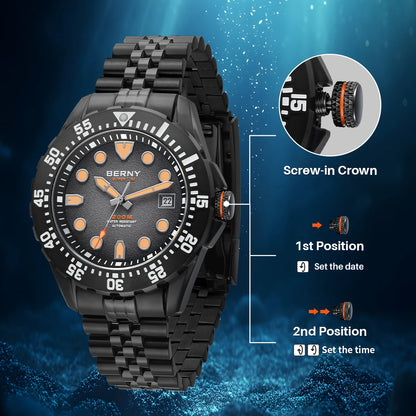 BERNY Automatic Diver Watch for Men Frosted Dial MIYOTA 8215 316L Supper Luminous Sapphire AR Fluororubber Men's Diving Watches
