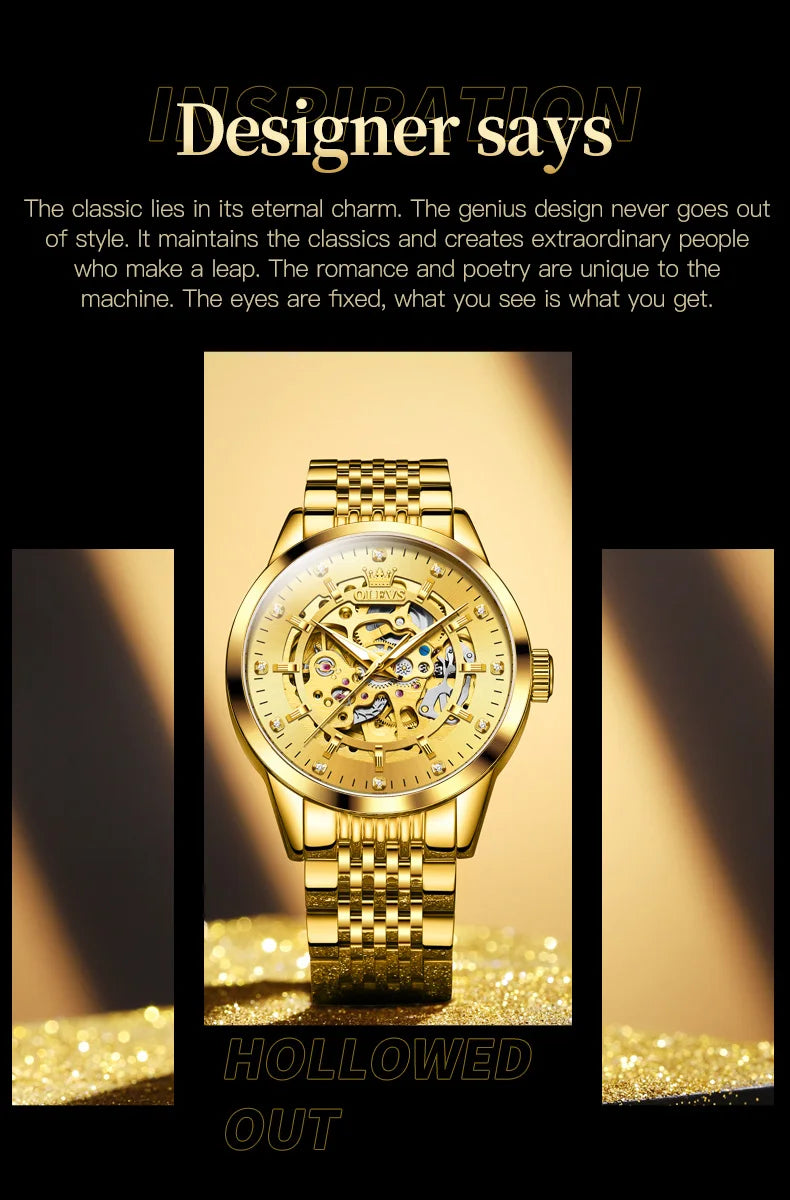 OLEVS Men's Watches Luxury Gold Skeleton Automatic Mechanical Wrist Watch for Man Waterproof Stainless Steel Luminous Business