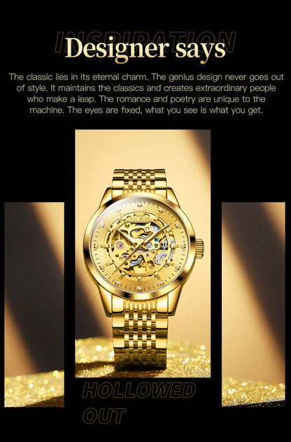 OLEVS Men's Watches Luxury Gold Skeleton Automatic Mechanical Wrist Watch for Man Waterproof Stainless Steel Luminous Business