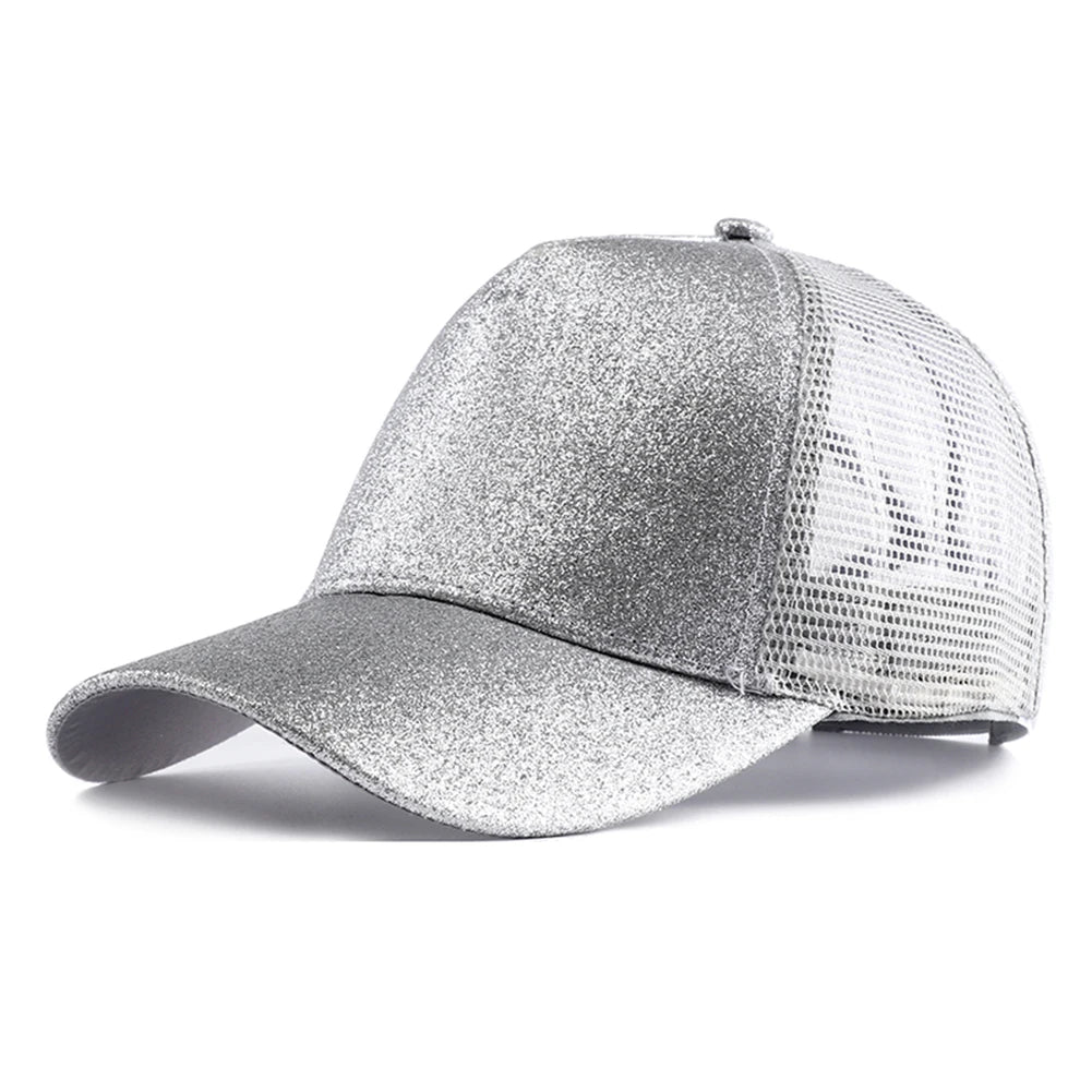 Letnia czapka z daszkiem z brokatem, z wysokim karkiem, damska czapka typu snapback, czapki typu trucker z siateczką w kolorach czarnym, białym i różowym dla kobiet Gorra
