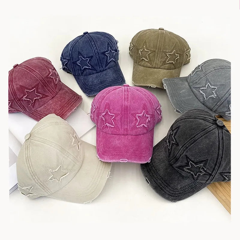 New Women's Five Pointed Star Design Washed Cotton Baseball Cap Fashion Street Dad Hat