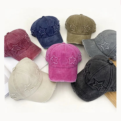 New Women's Five Pointed Star Design Washed Cotton Baseball Cap Fashion Street Dad Hat