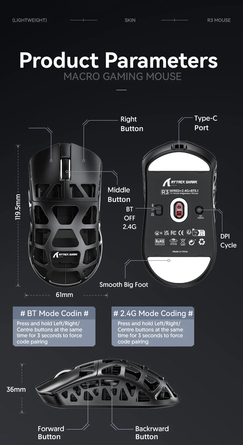 Mouse de gaming ATTACK SHARK R3 din aliaj de magneziu cu structură tip fagure, ultra-ușor, 8K Hz, senzor PAW3395, 26000 DPI, carcasă ergonomică