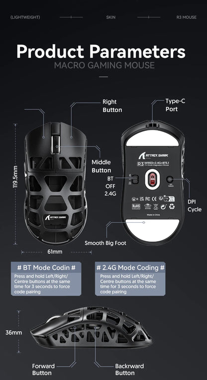 Mouse de gaming ATTACK SHARK R3 din aliaj de magneziu cu structură tip fagure, ultra-ușor, 8K Hz, senzor PAW3395, 26000 DPI, carcasă ergonomică