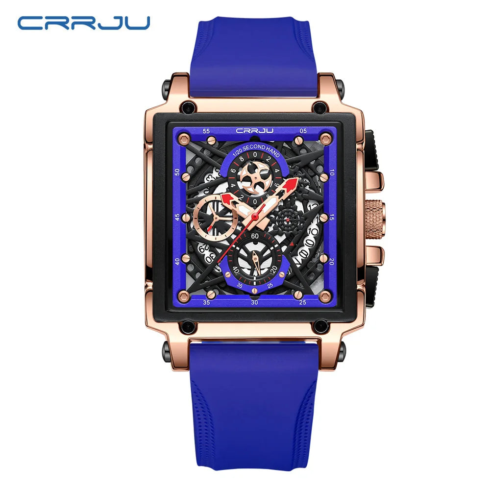 CRRJU Men's Sports Chronograph Wrist Watch For Men Army Silicone strap Square Quartz Stop Watch Clock Man Relogios Masculino