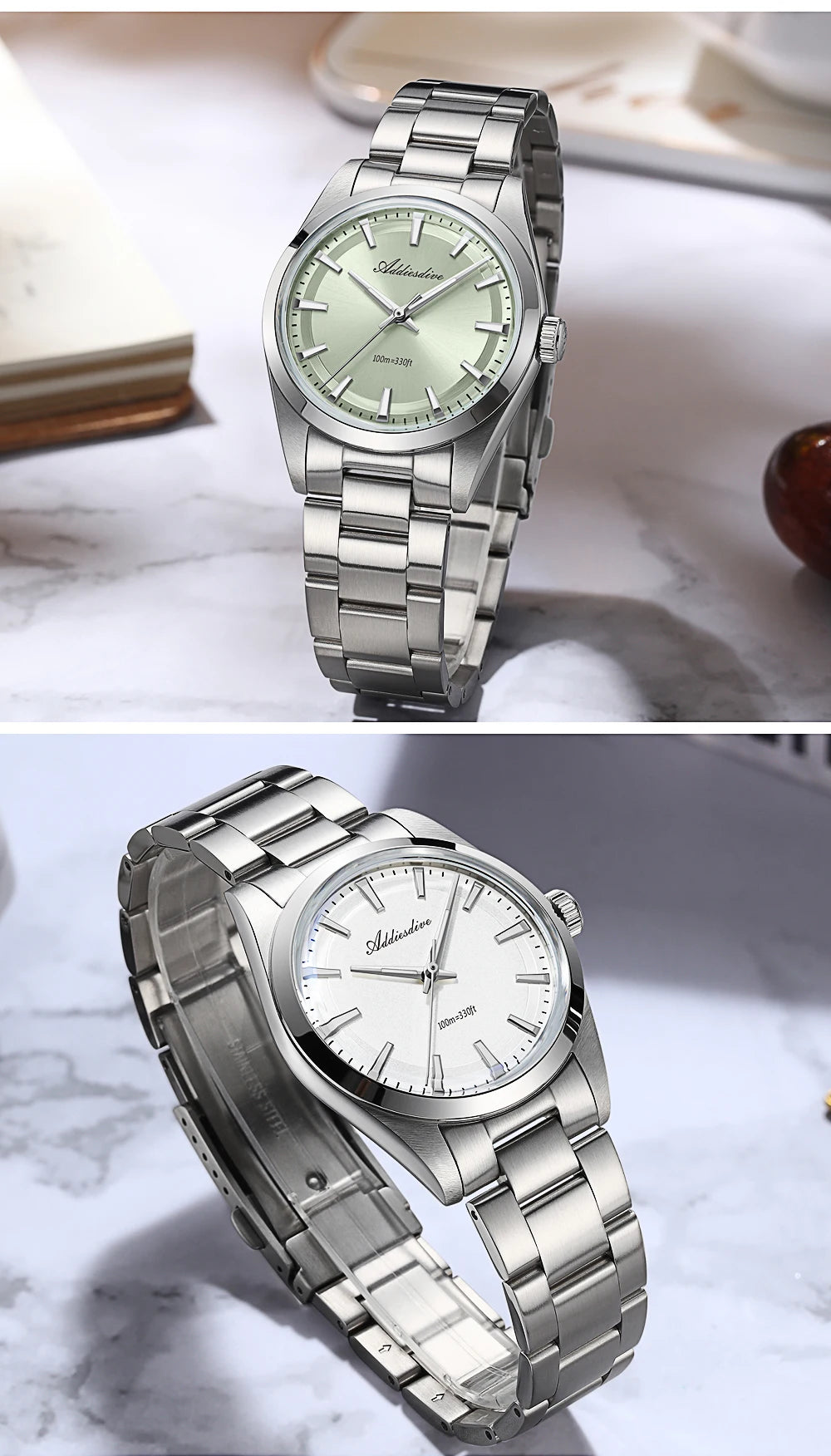 Relógio de homem ADDIESDIVE em aço, estilo de luxo, equipado com vidro abaulado, movimento de quartzo e revestimento luminescente azul BGW9; resistente à água até 100 ATM, indicação analógica – Modelo AD2066
