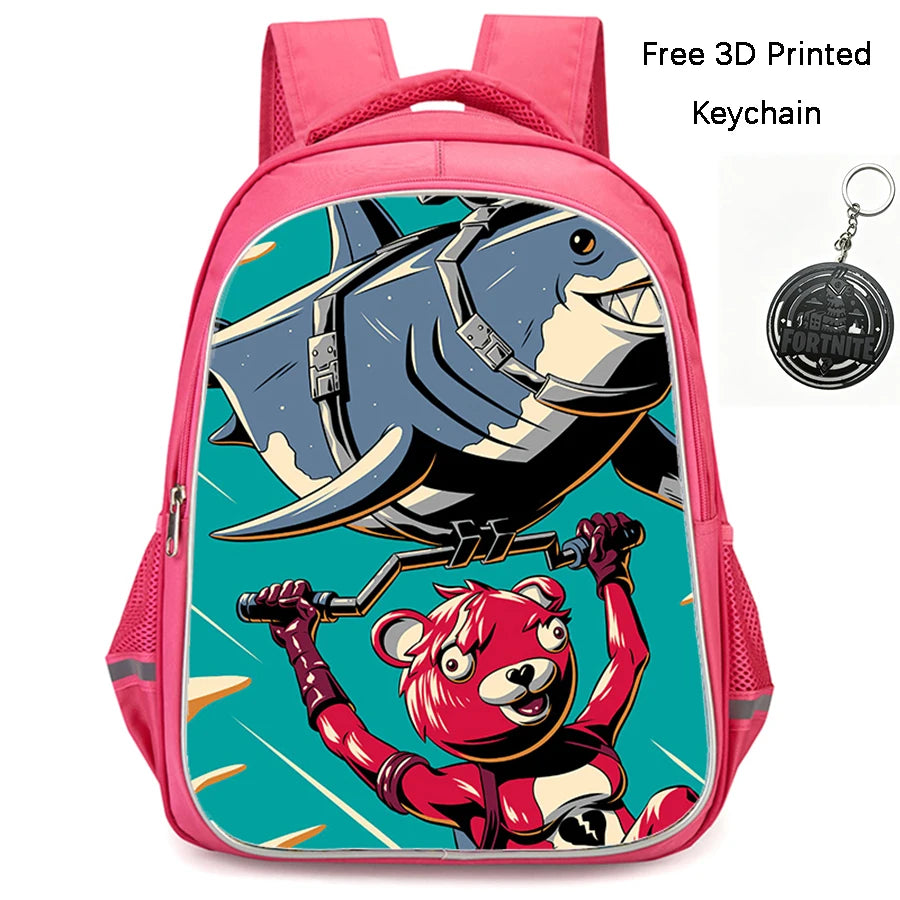 FORTNITE 16-inch Durable Lightweight Backpack, Dual Zipper Pockets, Cartoon Style for Boys & Girls 6-10,Free 3D Printed Keychain