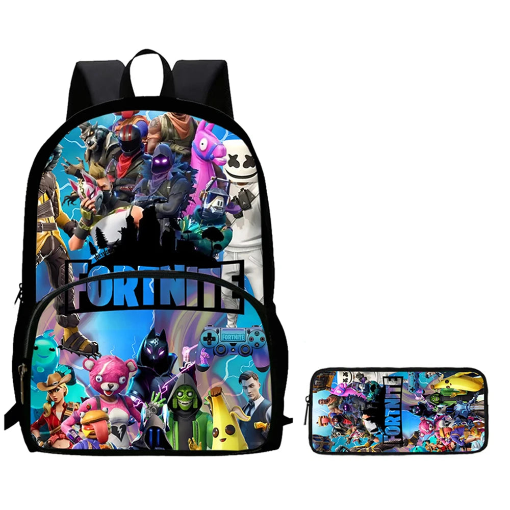2Pcs Kids School Bag Set FORTNITE Cartoon, Lightweight & Durable Backpack and Pencil Bag with Front Pocket, Boys & Girls 5-10