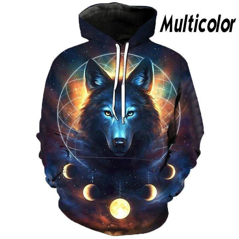 Sweatshirt com Capuz Lobo 3D Estampado, Estilo Europeu e Americano, Pullover Casual de Manga Comprida com Personalidade Animal, Modelo Popular