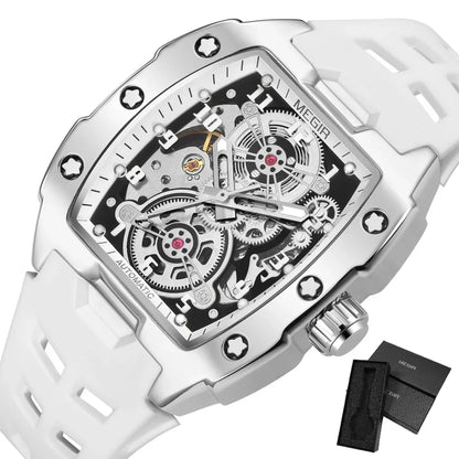 MEGIR Fashion Sport Alloy Case Men Mechanics Watch Waterproof Silicone Band Barrel Shaped Dial Luminous Pointer Man Wristwatches